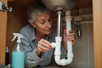 Femme installant un aimant anti-calcaire sur une canalisation sous un évier de cuisine moderne