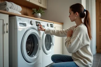 Jeune femme examine le panneau de lave-linge moderne