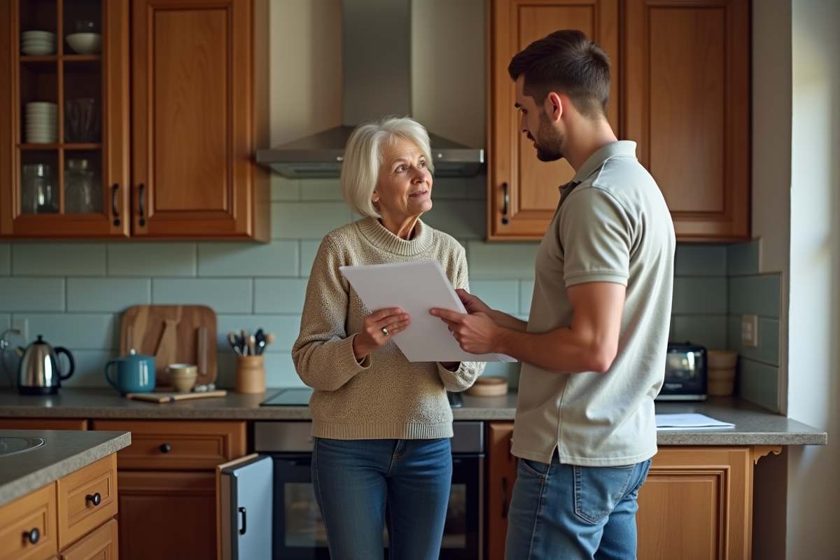 Femme discutant avec un technicien dans une cuisine chaleureuse
