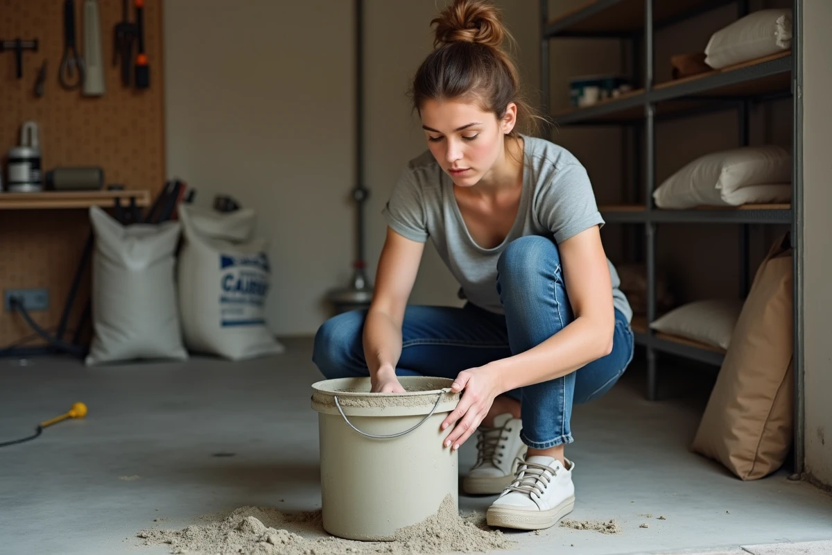 Jeune femme mélange du mortier dans un garage