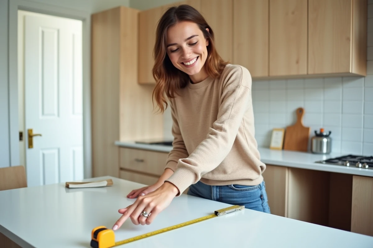 Jeune femme mesurant un plan de travail de cuisine blanc