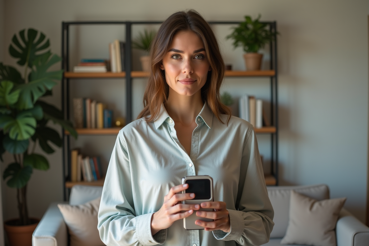 Femme avec moniteur de qualité de l air dans le salon