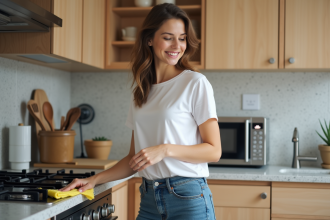 Femme souriante nettoyant la porte du four dans une cuisine moderne