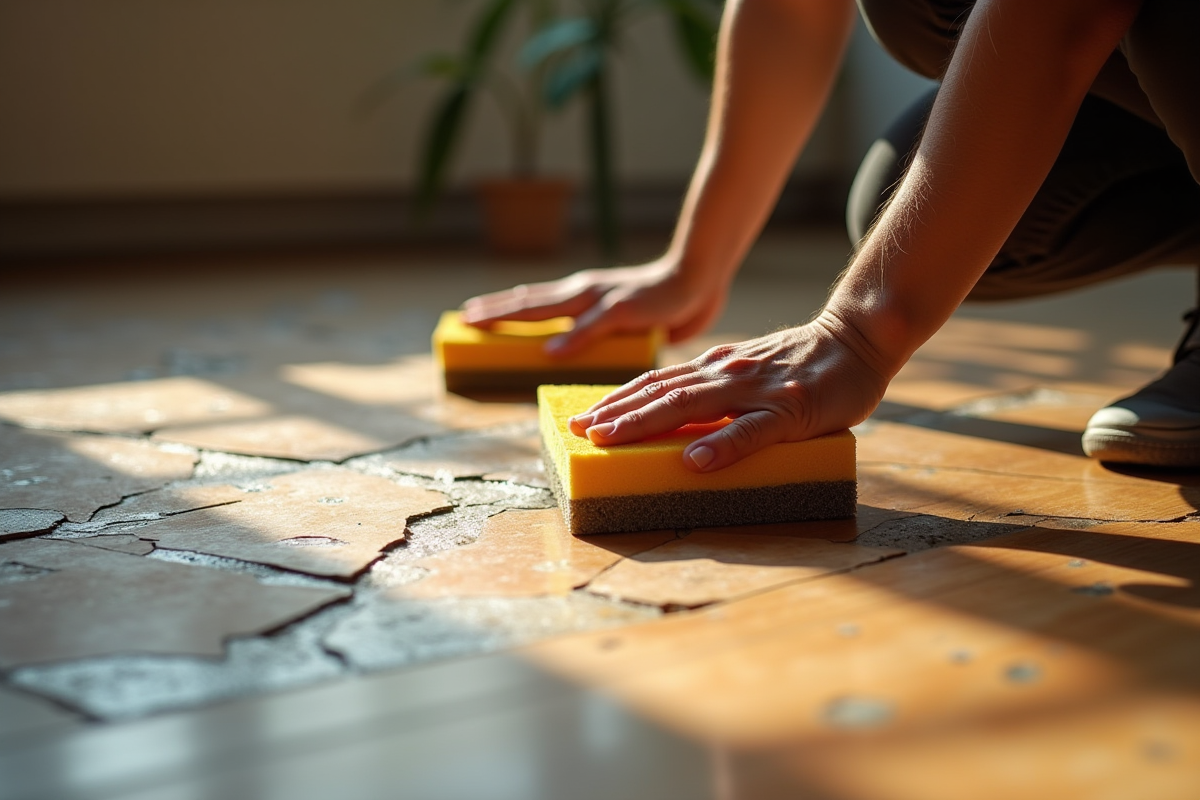 Main nettoyant un parquet ancien avec une éponge