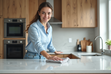 Femme nettoyant un plan de travail en quartz Silestone dans une cuisine moderne