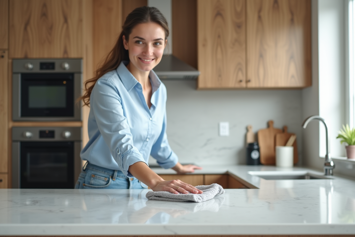 Femme nettoyant un plan de travail en quartz Silestone dans une cuisine moderne