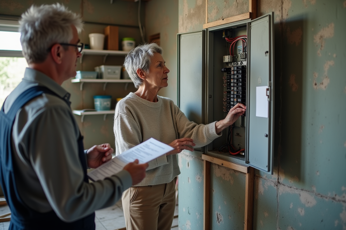 Femme âgée regarde un électricien expliquer le remplacement du tableau électrique