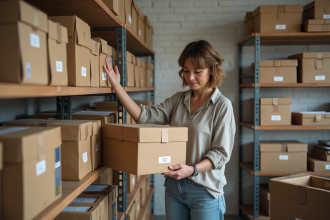 Femme organisée avec des livres dans un stockage lumineux