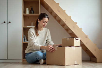 Jeune femme arrangeant des bo&icirc;tes sous un escalier moderne