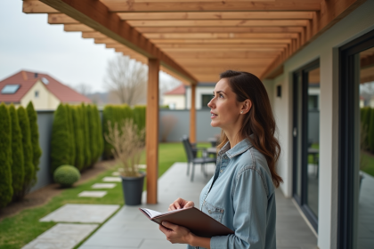 Femme regardant une pergola en bois dans un jardin