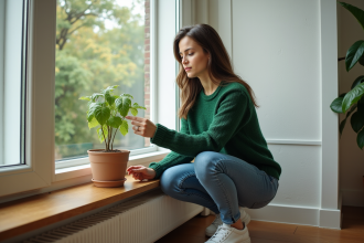 Femme regardant une plante en pot dans un salon moderne