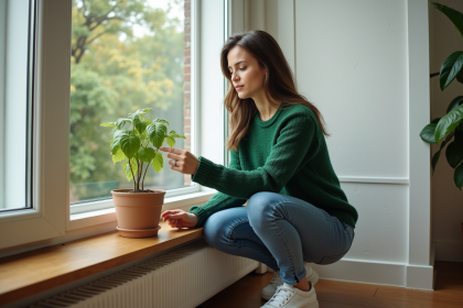Femme regardant une plante en pot dans un salon moderne