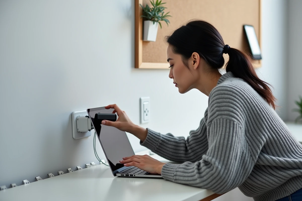 Femme branchant un chargeur dans une prise murale ergonomique à hauteur de bureau dans un bureau à domicile