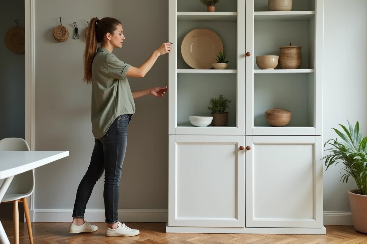 Femme arrangeant un meuble de rangement salle à manger avec table extensible blanche et parquet en arrière-plan