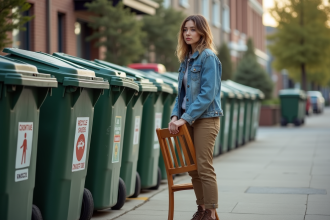 Jeune femme avec chaise en ville pour recyclage