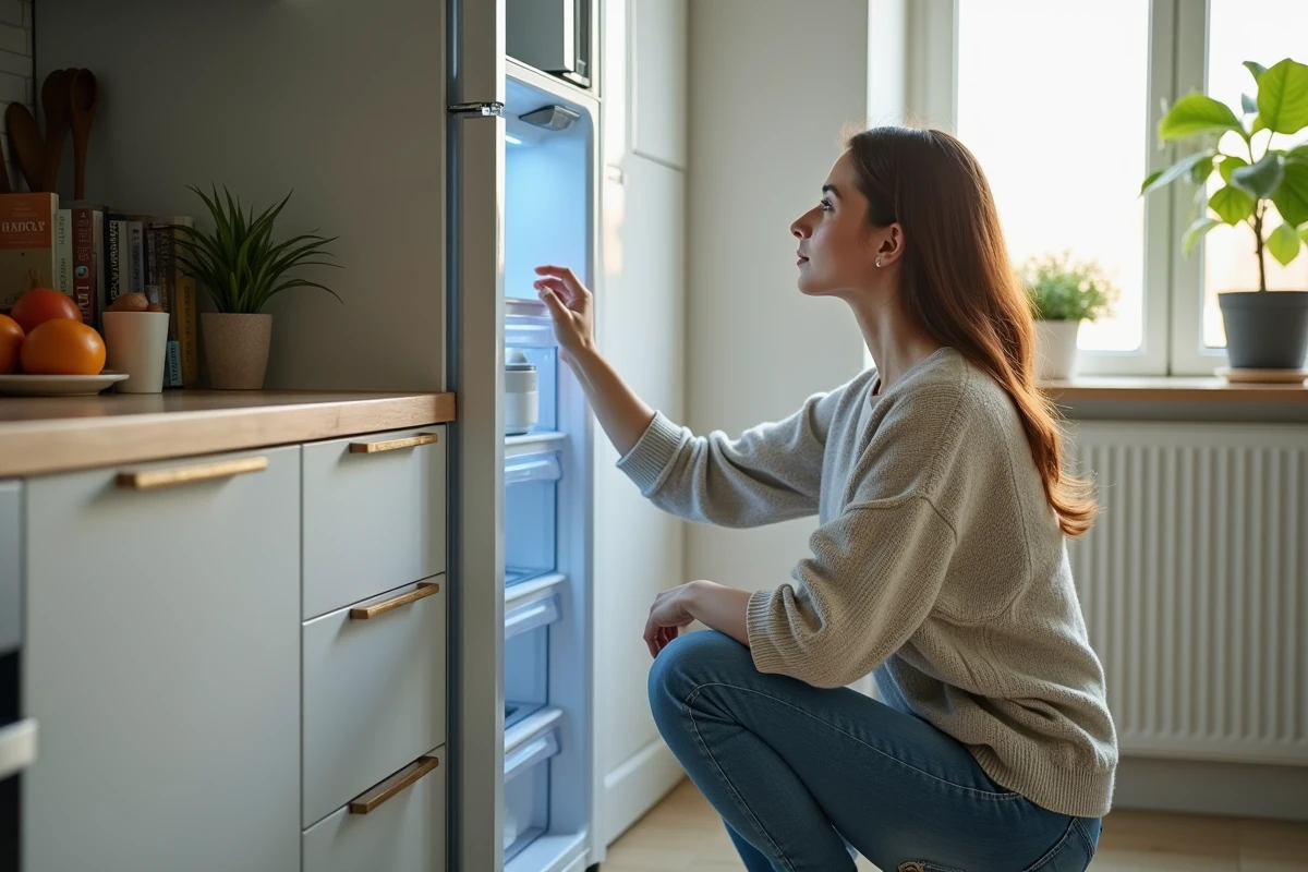 Jeune femme lisant l’étiquette énergétique du frigo