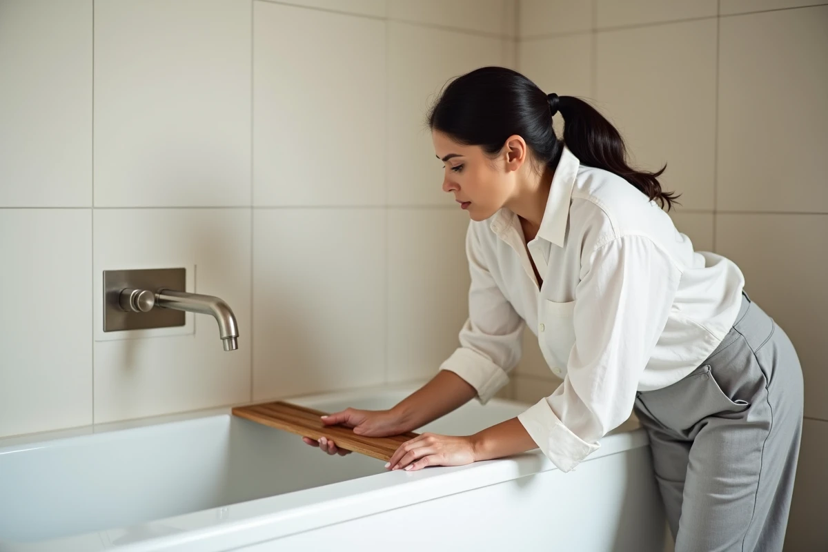 Femme réglant le robinet de sa baignoire encastrée pour contrôler le débit et la contenance d'eau
