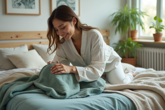 Jeune femme en détente dans une chambre cosy avec linge bleu et beige