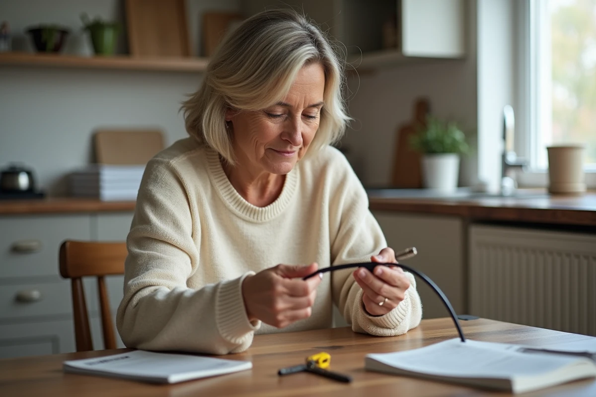 Femme inspecte un câble coaxial dans une cuisine lumineuse