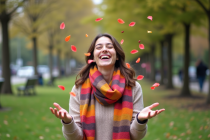 Jeune femme joyeuse lançant des fleurs dans un parc urbain