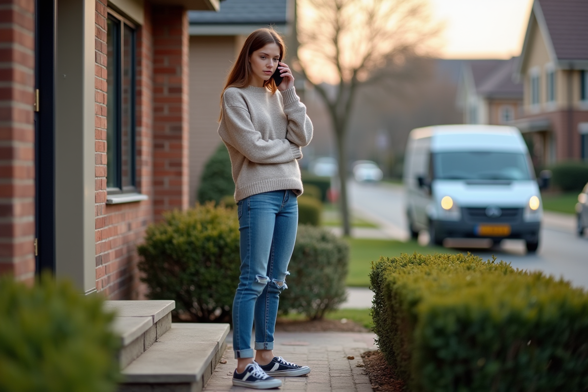 Jeune femme au téléphone devant une maison avec van de service