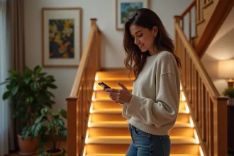 Femme en jean et pull regardant son smartphone près des escaliers lumineux