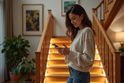 Femme en jean et pull regardant son smartphone pr&egrave;s des escaliers lumineux