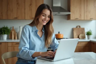 Femme souriante utilisant un ordinateur dans une cuisine moderne