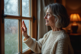 Femme d'âge moyen vérifiant les courants d'air à la fenêtre