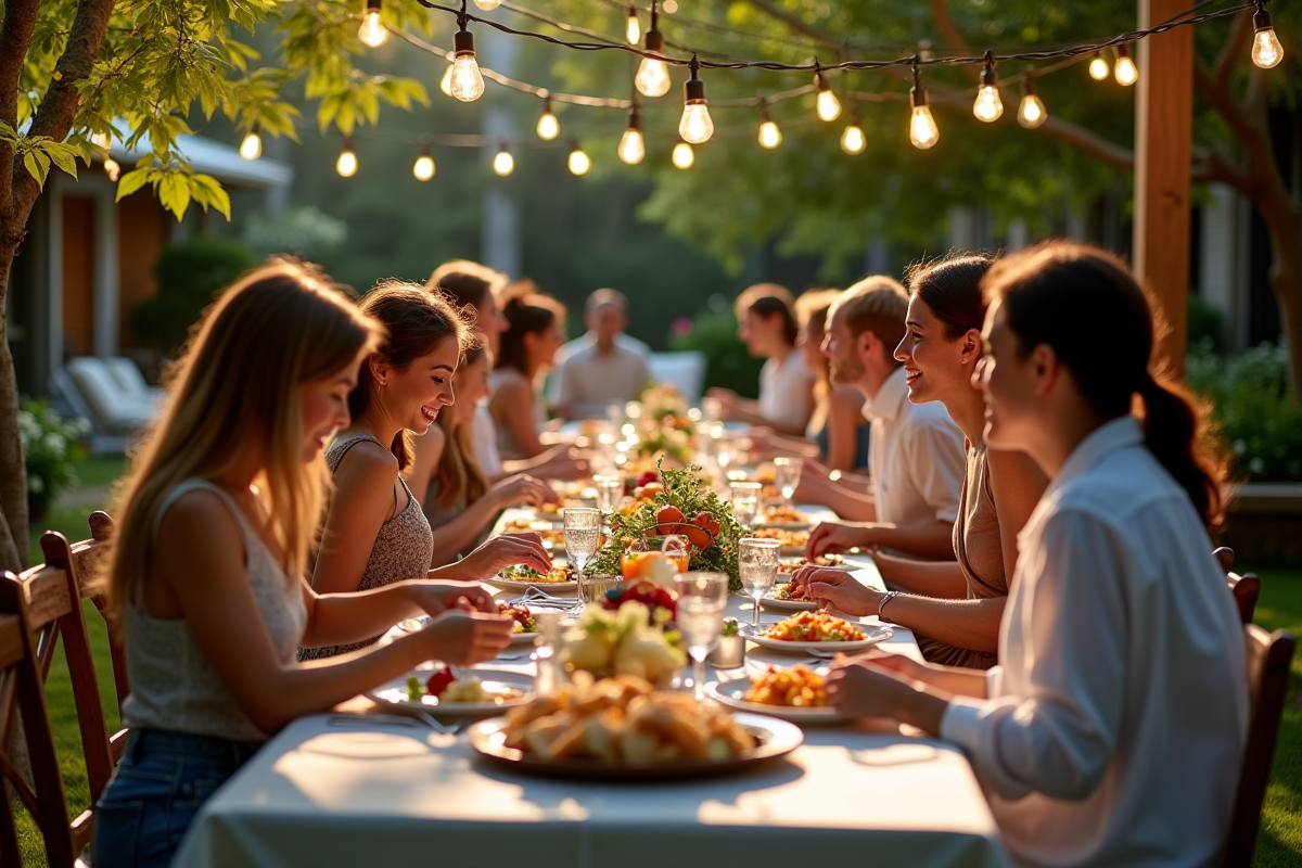 Fête dans un jardin avec invités et buffet en plein jour