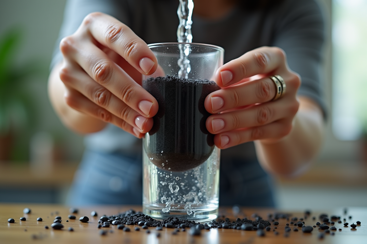 Gros plan sur la filtration d'eau avec charbon actif