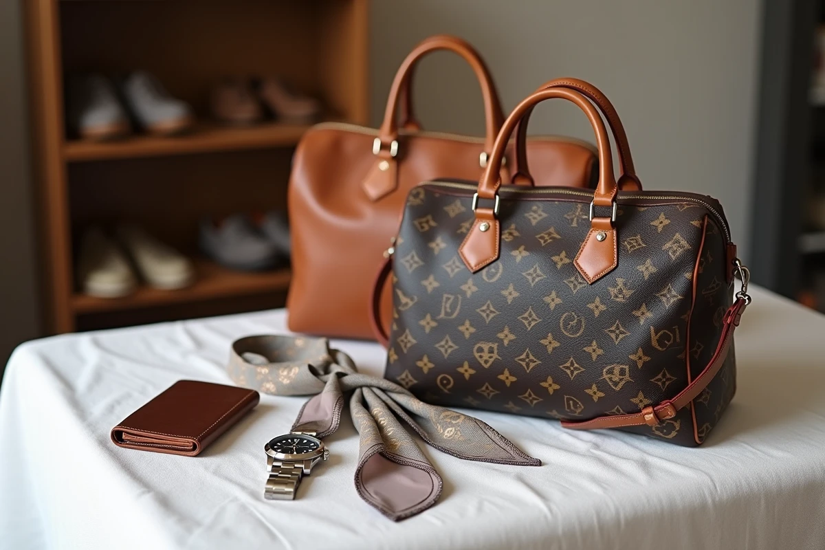 Présentation flat lay de pièces de créateur en dépôt-vente luxe à Caen : sac, montre et accessoires
