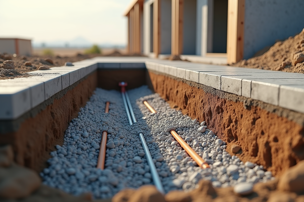 Coupe d une fondation de batiment avec sol et drainage