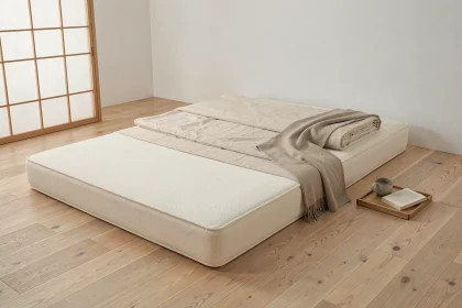 Futon japonais haut de gamme posé sur parquet en chêne dans une chambre minimaliste épurée