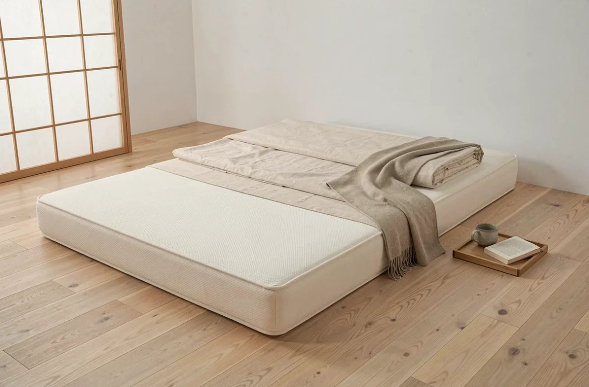 Futon japonais haut de gamme posé sur parquet en chêne dans une chambre minimaliste épurée