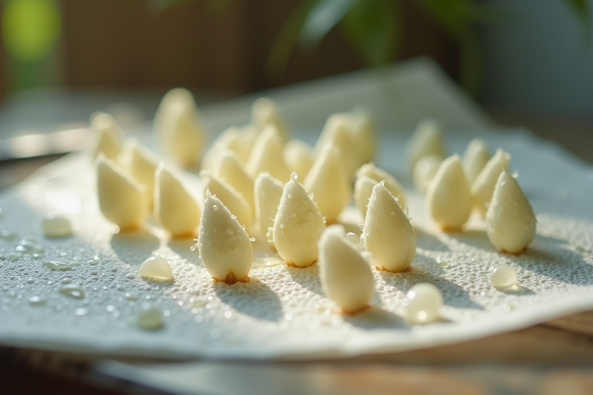 Graine de lys en germination sur serviette humide