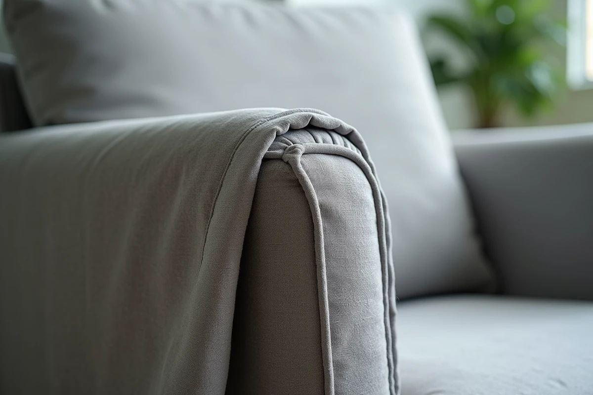 Gros plan d'une housse extensible glissant du coin d'un fauteuil gris, révélant le tissu d'origine en dessous et montrant les erreurs courantes de pose