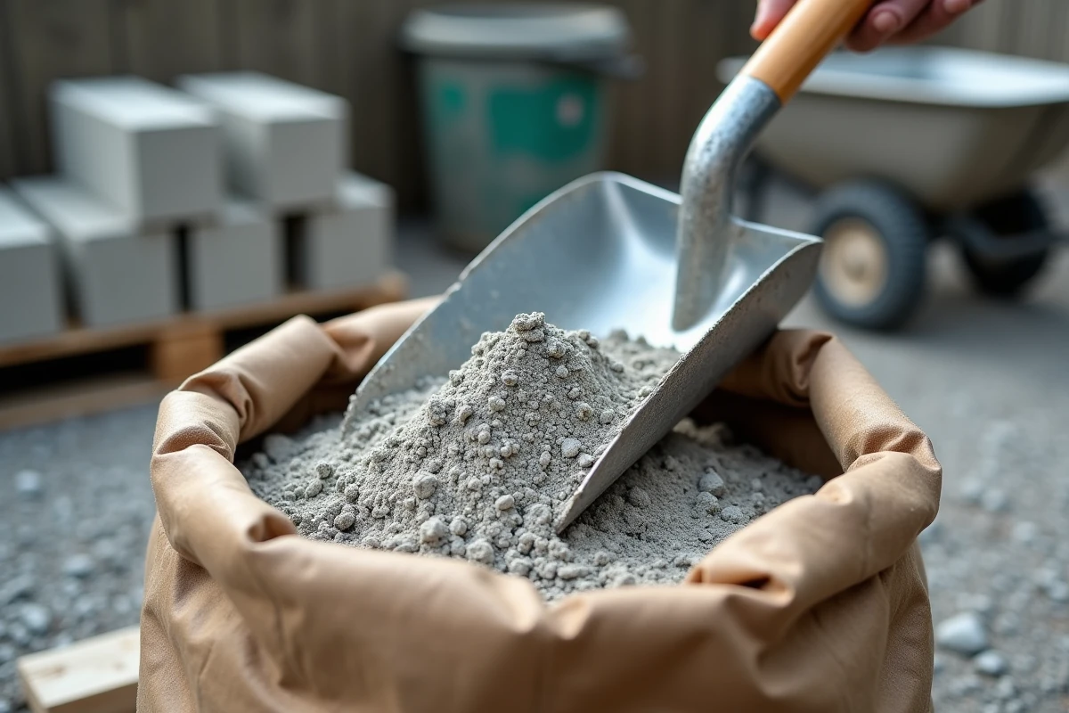 Gros plan sur une pelle dosant du béton sec extrait d'un sac de 35 kg posé sur une palette en bois