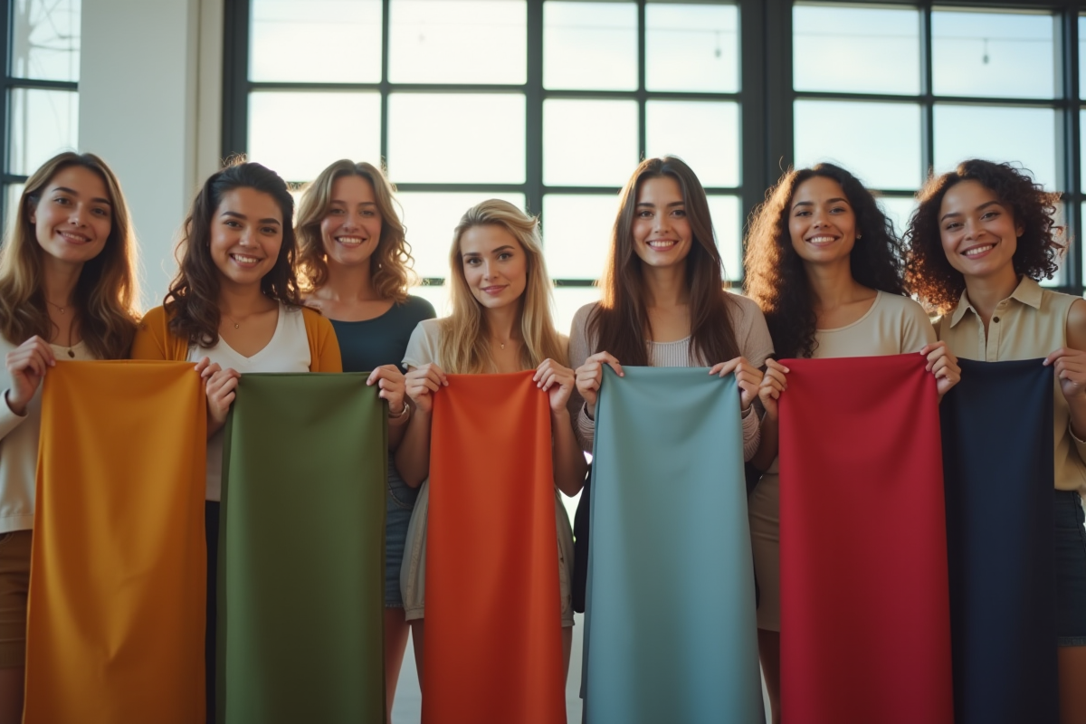 Groupe divers avec échantillons de tissus colorés devant une fenêtre