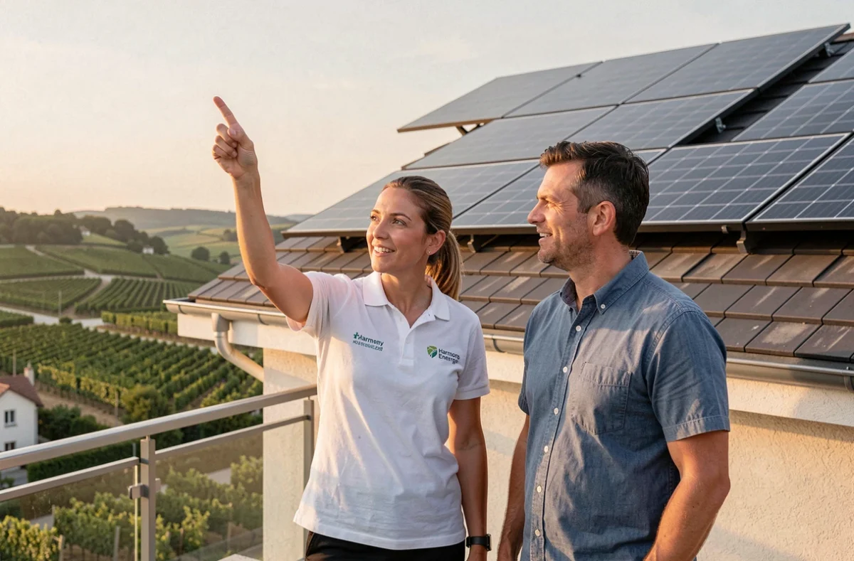 Chef de projet Harmony Energie présentant une installation solaire à un propriétaire dans le sud lyonnais