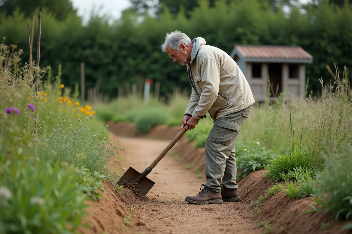 Homme âgé utilisant une houe dans un verger permaculture