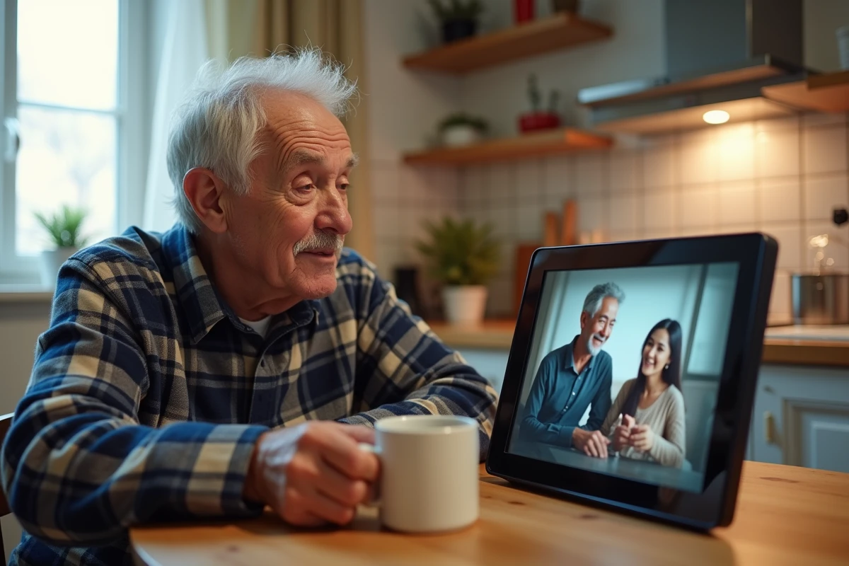 Homme âgé regardant des photos de famille sur un cadre photo numérique haute résolution dans une cuisine