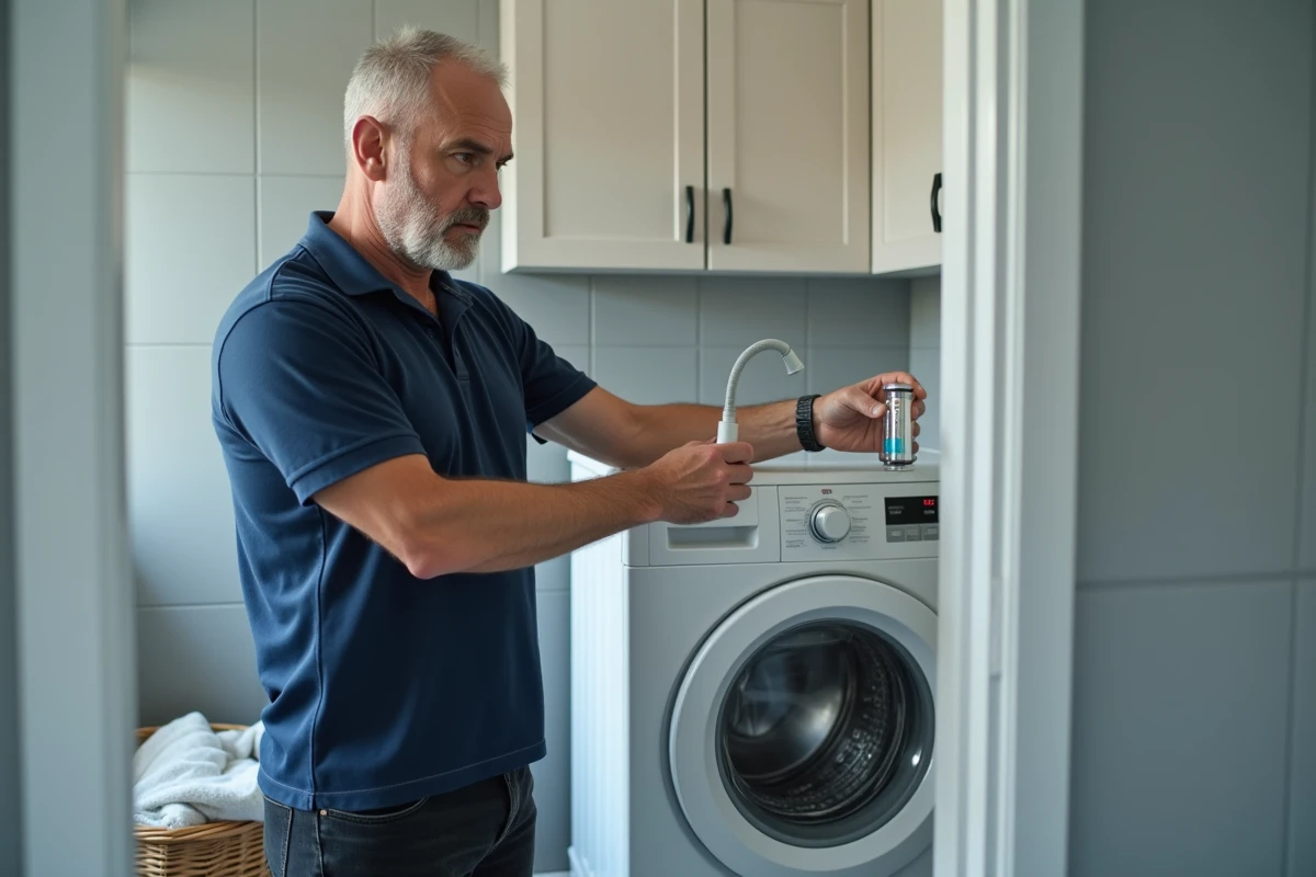 Homme inspectant un aimant anti-calcaire pour machine à laver dans une buanderie domestique