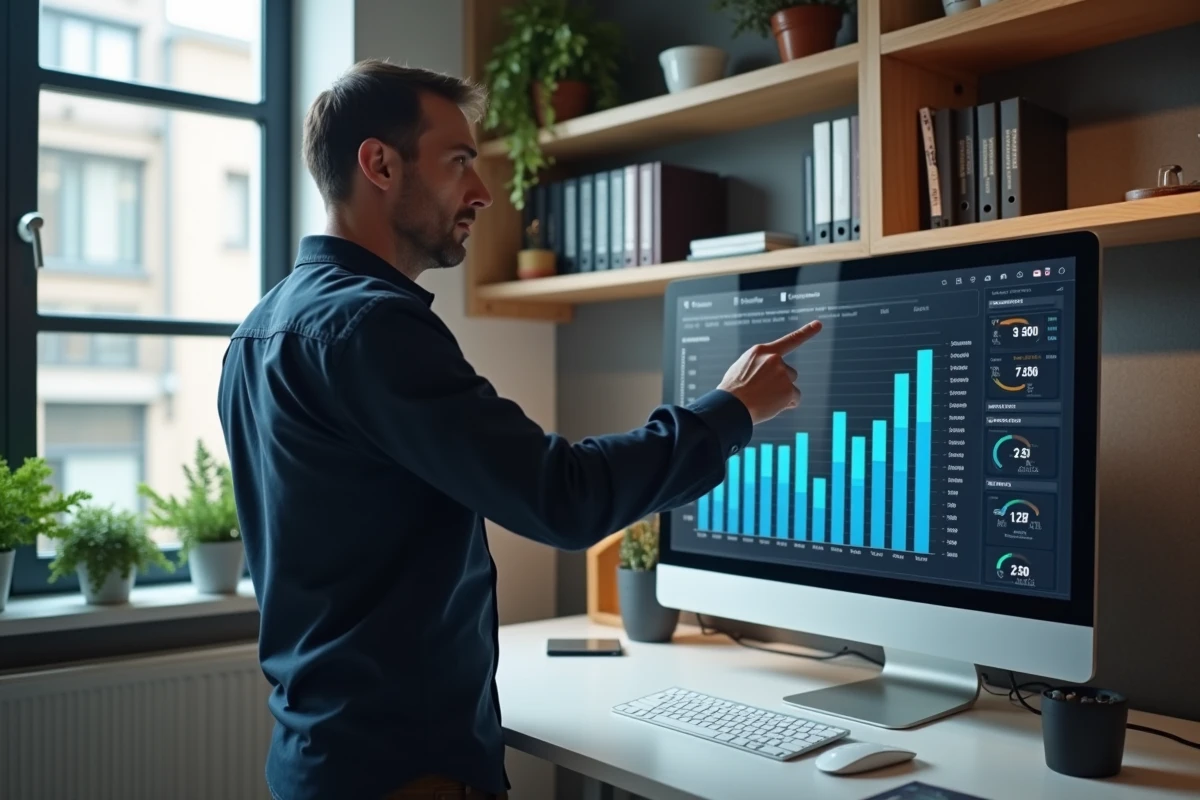 Homme analysant des graphiques de consommation d'électricité en euros sur un écran d'ordinateur dans un bureau à domicile