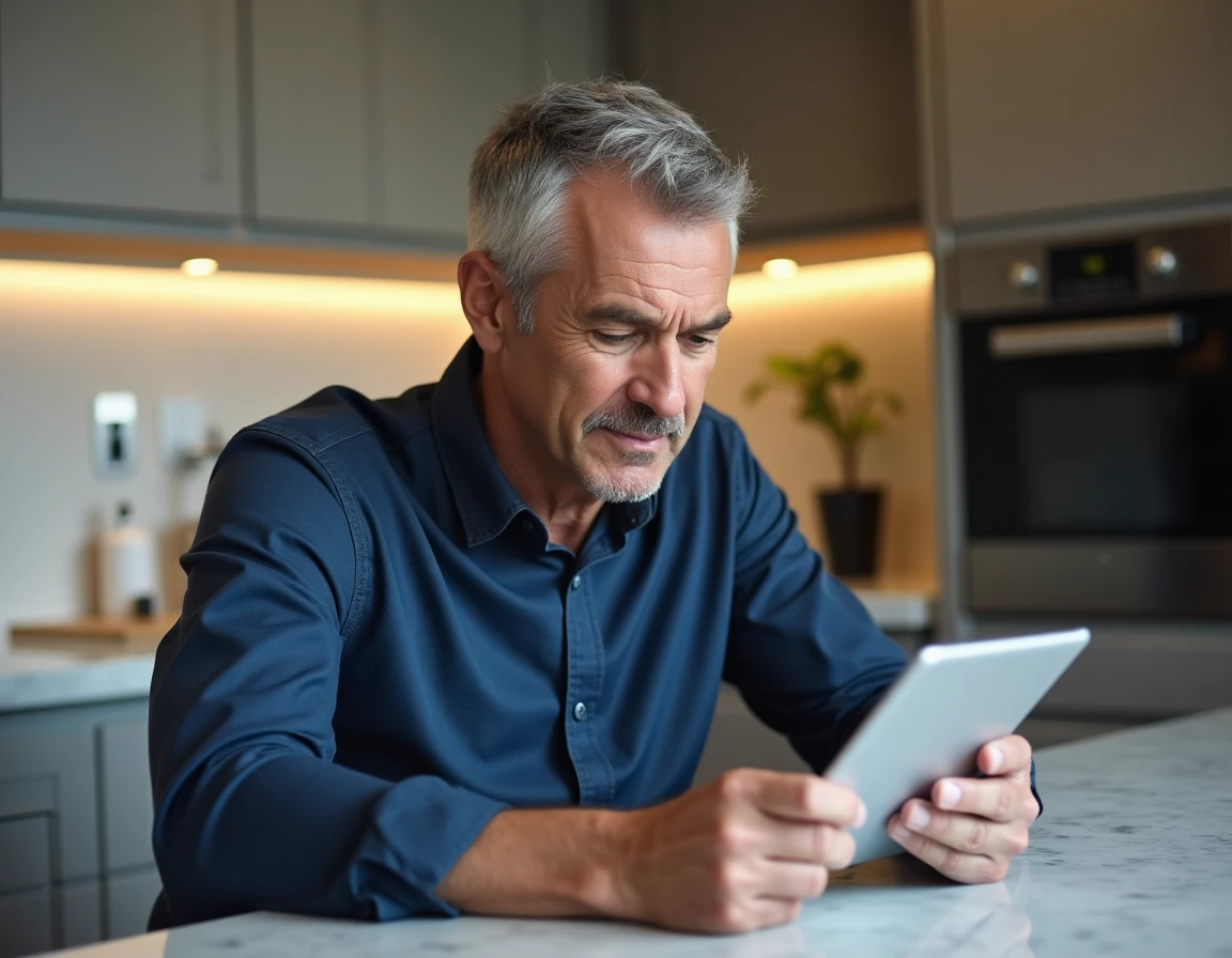 Homme consultant une application domotique sur tablette avec une prise connectée installée dans une cuisine moderne