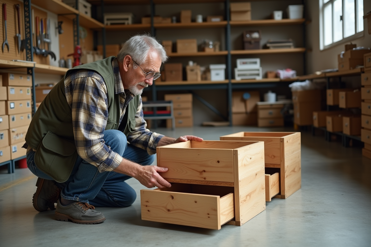 Homme âgé assemble meubles dans atelier recyclage