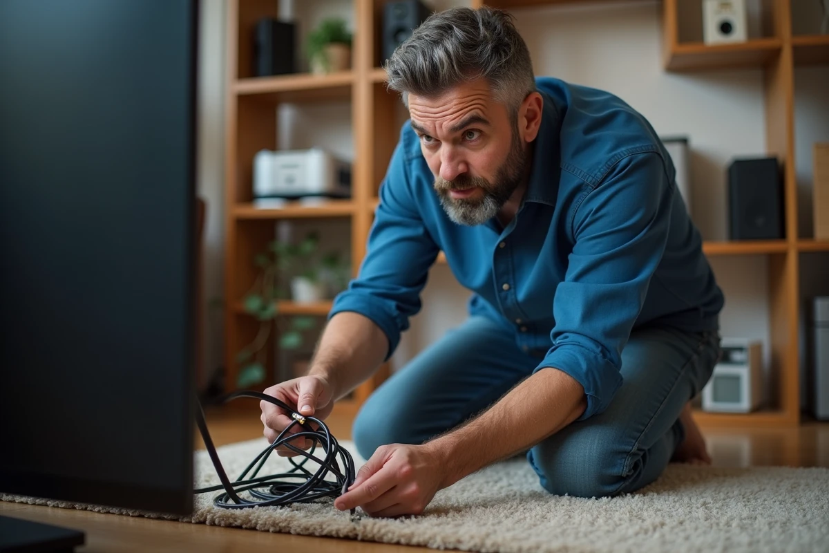 Homme examine un câble coaxial dans un salon moderne