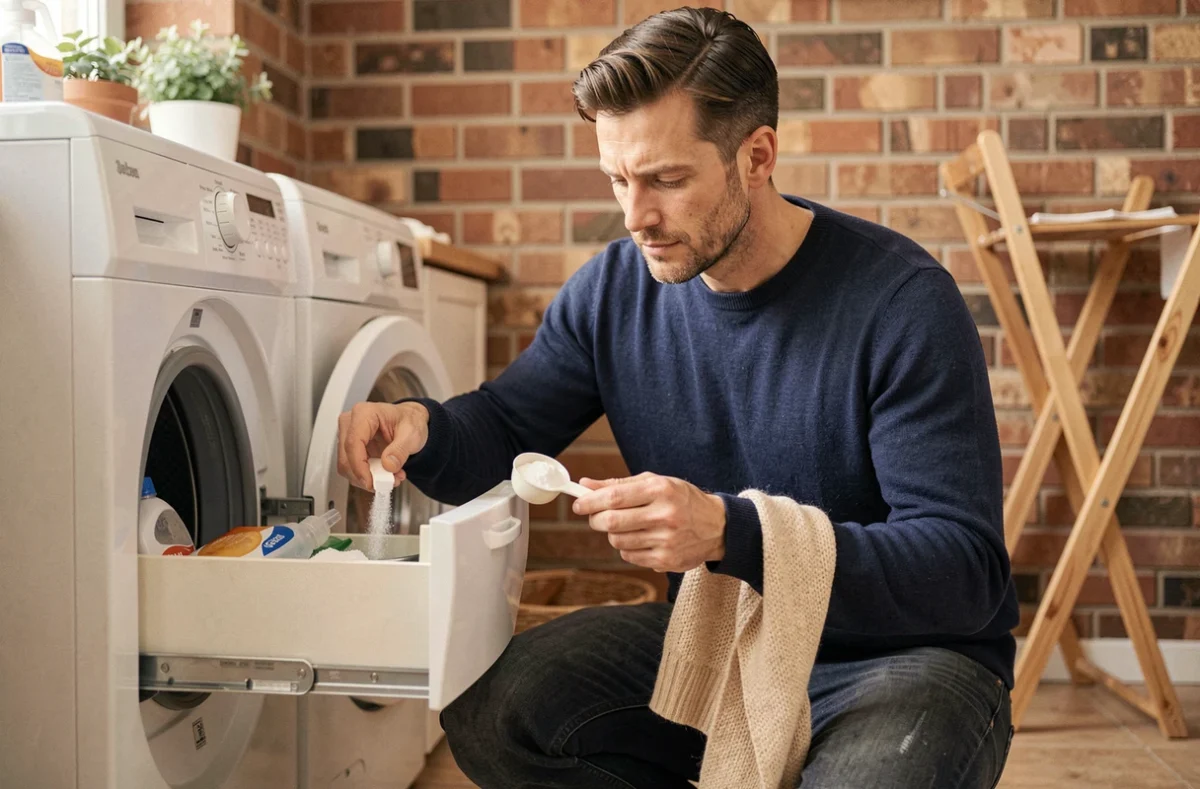Homme tenant une mesure de lessive en poudre et un pull en laine devant le tiroir à lessive ouvert d'un lave-linge dans un appartement chaleureux