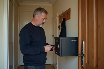 Homme examinant un coffre clé homologué fixé au mur d'une entrée de maison pour son assurance habitation