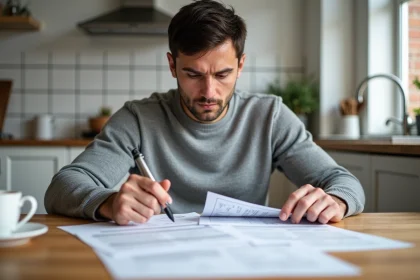 Homme comparant plusieurs devis de travaux de rénovation posés sur une table en bois dans une cuisine moderne